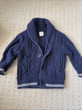 Baby GAP Navy Shawl Collar Cable Knit Cardigan with Gray Stripe
